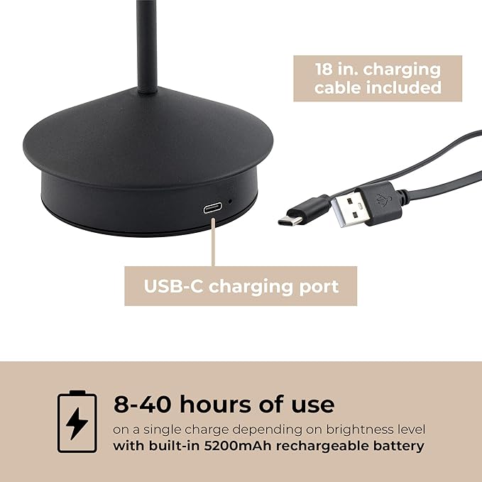 Orbit LED Cordless USB-C Re-Chargeable Desk Lamp, 5200mAh Battery Operated with 3 Color Temperature 2700K-3000K-3500K and Fingertip Touch On/Off Plus Dimming in Black