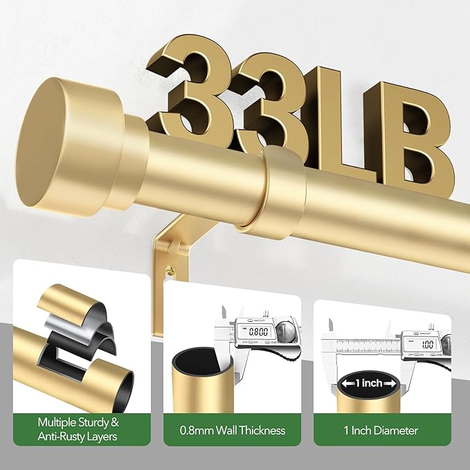 Curtain Rods for Windows 32 to 240, 1 Inch Adjustable Gold Heavy Duty Long Window Curtain Rod, Modern Outdoor Drapery Rods with Simple End Caps, Size 32"-240"