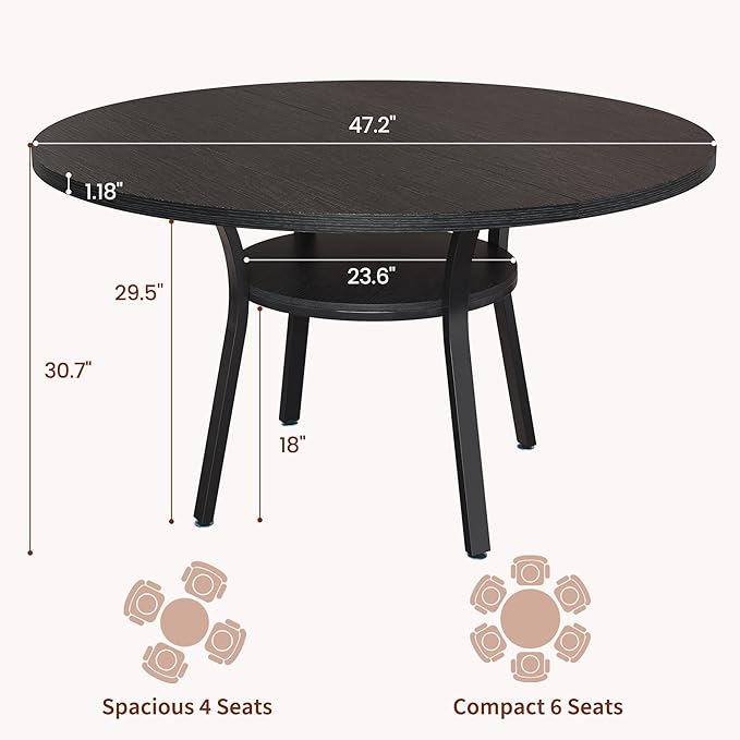 IDEALHOUSE Round Dining Table for 4-6, 47 Inch Kitchen Table with Sturdy Metal Frame, Space Saving Circle Dining Room Table for Small Space (Table Only), Black