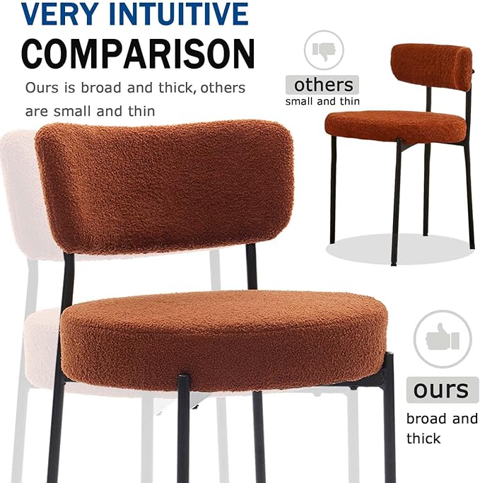 Brown Boucle Dining Chairs Set of 4, Upholstered Dinner Chair with Metal Frame, Dining Room Chairs with Padded Seat, Round Modern Seating for Living Room