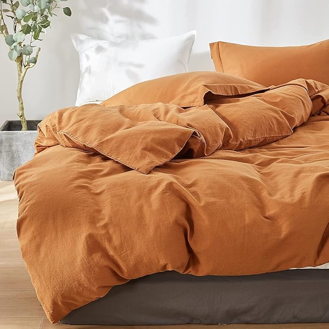 Simple&Opulence French Linen Duvet Cover Set 88" x 92"- 5 Pieces (1 Comforter Cover,4 Pillowcases)- Natural Flax Cotton Blend-Solid Color Breathable Farmhouse Bedding-Rust, Queen