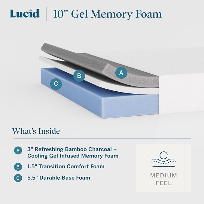 Lucid 10 Inch Memory Foam Mattress - Medium Feel - Infused with Refreshing Bamboo Charcoal and Cooling Gel - Bed in a Box - Temperature Regulating - Pressure Relief - Breathable - Twin XL Size