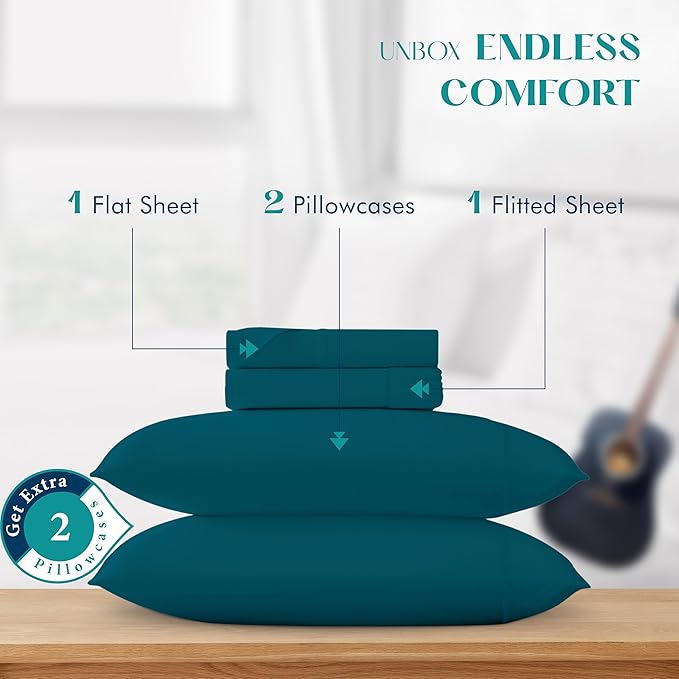 XOOX Linen 100% Egyptian Cotton Sheets California King Size - 1200 Thread Count Cal King Sheet Set Egyptian Cotton, 4 PC Luxury Bedsheet (Teal), Soft, Cooling, 17" Deep Pocket Bedsheet Set