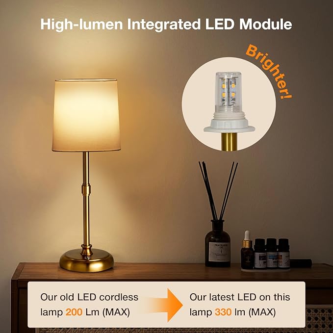 Cordless Gold LED Table lamp, 5200-mAh Rechargeable Battery, 3-Level Brightness, Build-in Integrated LED 320 Lm Max, Night Lamp Ambient Light, for Bedside Restaurant Dining Table