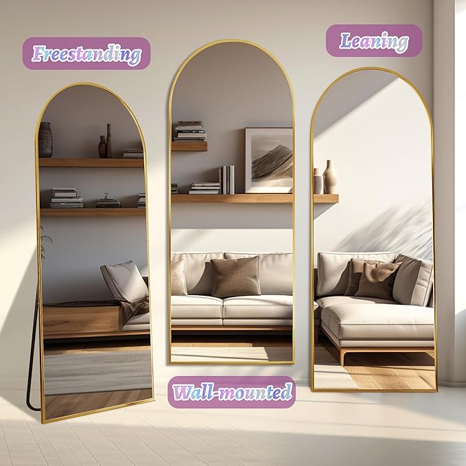 Full Length Mirror, 58"x18" Arched Floor Mirror Freestanding, Floor Standing Full Body Mirror with Stand for Bedroom, Hanging Mounted for Living Room Cloakroom, Gold