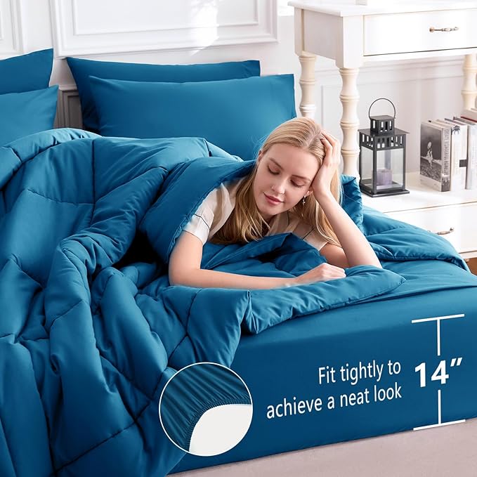 CozyLux Queen Comforter Set Teal, 7 Pieces Bed in a Bag, Teal Comforter Queen Size, All Season Bedding Sets with Stitch Quilted Comforter, Flat Sheet, Fitted Sheet, Pillowcases