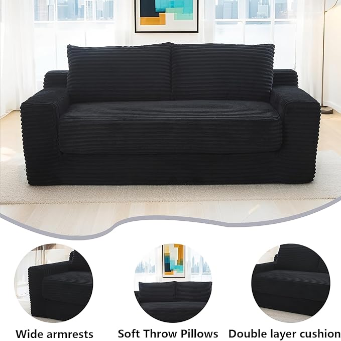 Fefances Loveseat Sofa Bed Boneless Couch, Convertible 2-in-1 Design, Corduroy Fabric - Compact Memory Foam Couch for Small Spaces, Apartments, Home Office & Bedroom (Black)