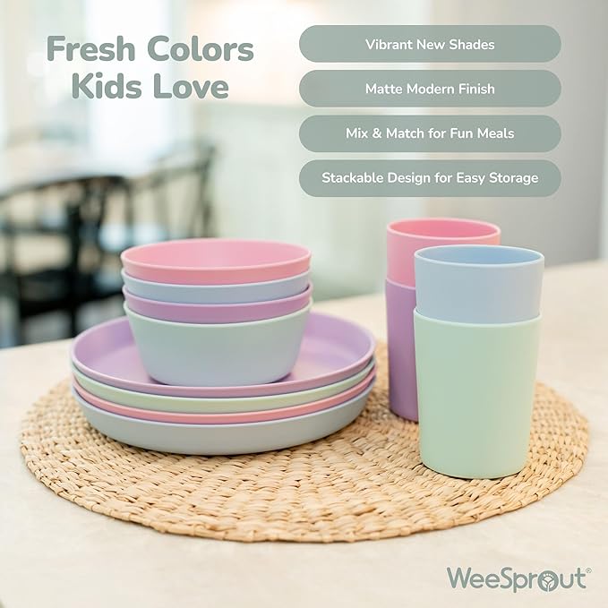WeeSprout Bamboo Plates, Set of 4, Kid-Sized Dinnerware, Dishwasher Safe Melamine Dishware (Pink, Green, Gray, & Beige, Without Lids)