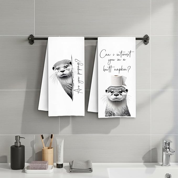 Funny Sea Otter Hand Towels, Otter Bathroom Decor, are You Pooping Coastal Beach Otters Decorative Hand Towels for Bathroom Washroom Restroom Toilet, 16x24 Inch Set of 2