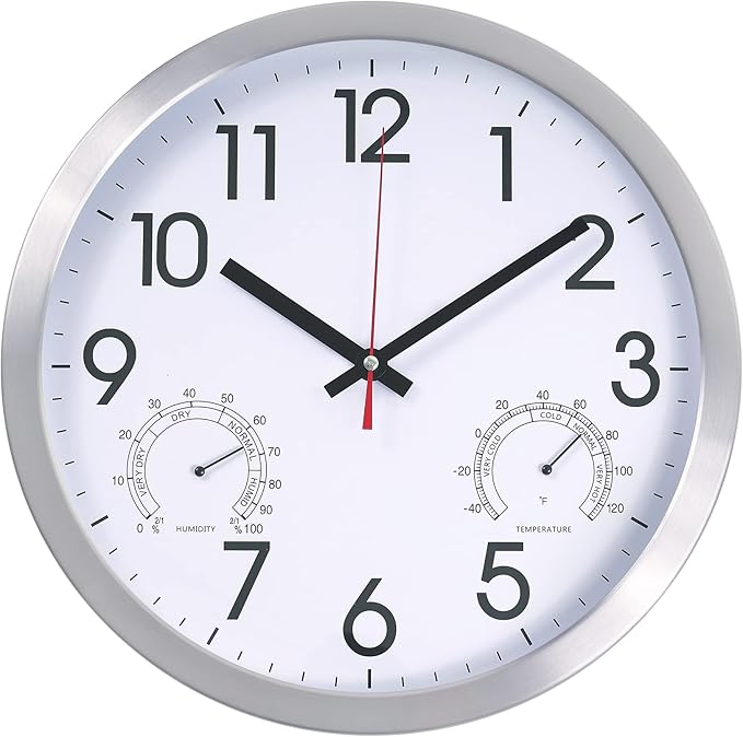 14Inch Wall Clock Battery Operated Aluminum Frame Wall Clocks, Silent Wall Clocks with Temperature & Humidity, Decorative for Home Housewarming Living Room