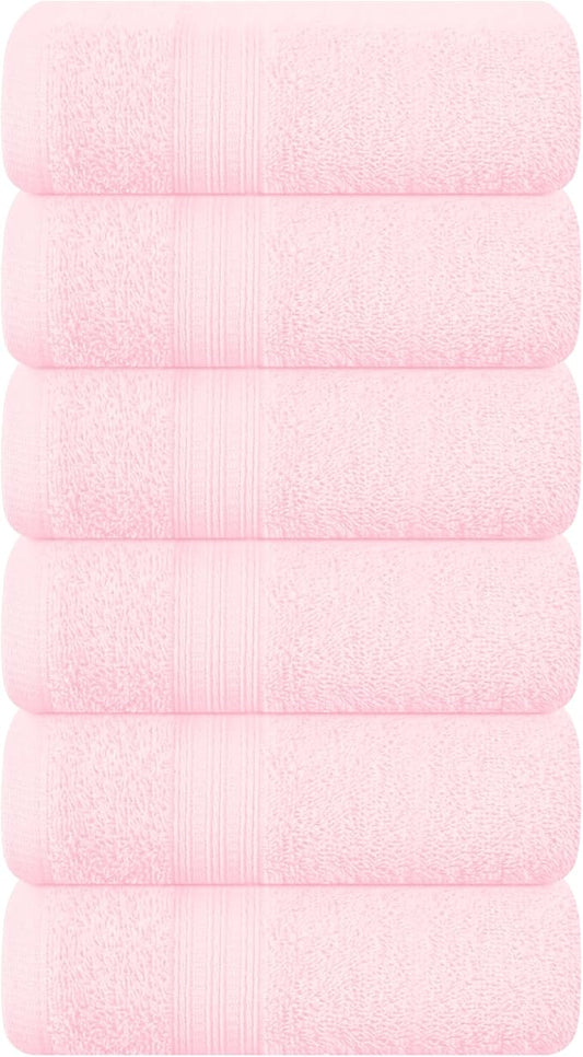 BOUTIQUO Ultra Soft Cotton 6 -Piece Hand Towel Set 16x24 Inch, Ideal for use in Bathroom, Kitchen, Gym, Spa & General Cleaning, Compact & Lightweight Multi Purpose Hand Towels - Pink