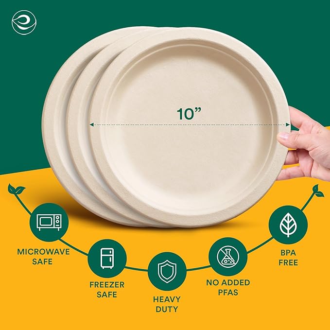 ECO SOUL 100% Compostable Paper Plates 10 Inch [500-Pack] Biodegradable Heavy Duty Eco-Friendly Disposable Plates for Christmas Dinner, Parties, Wedding & Event