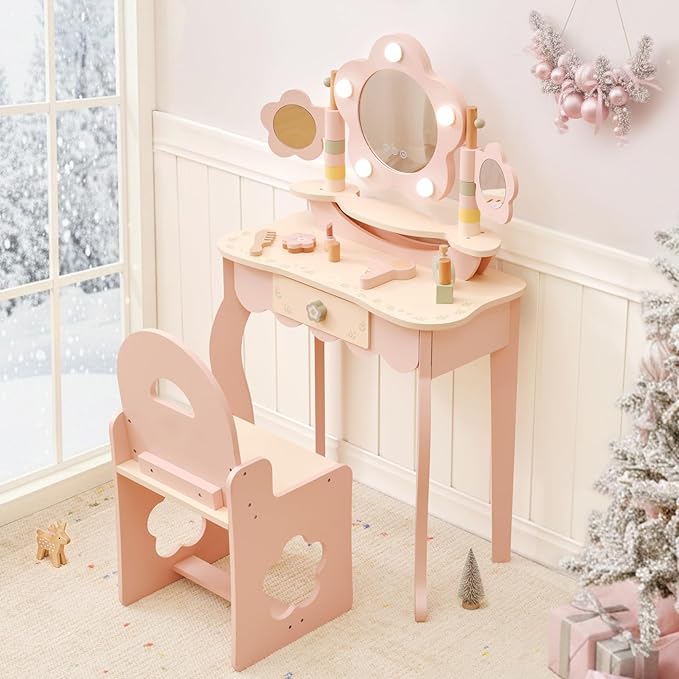 OOOK Kids Vanity Table and Chair Set with Lights, Makeup Vanities with Touch Screen 3 Colors, Pink Girls Vanitys, Enough for Real and Pretend Makeup, Toddler Vanity for 3 Year Old