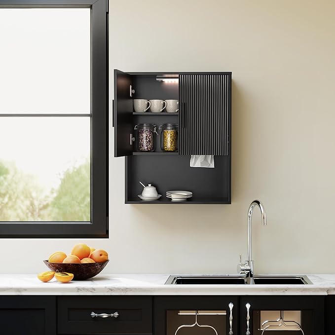 Fluted Bathroom Wall Cabinet with DIY LED Light, Wooden Medicine Cabinet with Tissue Hole, Monuted Wall Cabinet with DTC Hinge (Silent Buffering), Over Toilet Storage Cabinet Modern Black