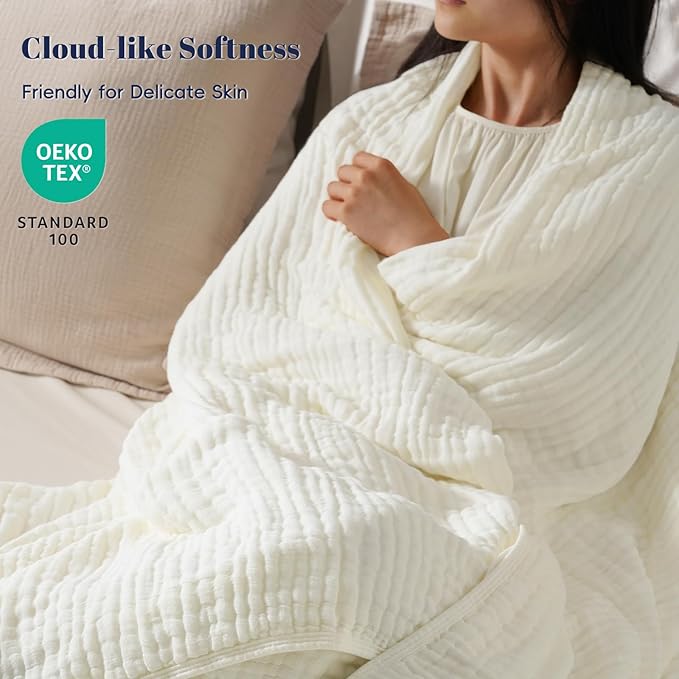 PHF Cooling Muslin Blanket Queen Size 90"x80", 6-Layer Lightweight Gauze Blanket Made from 35% Rayon Derived from Bamboo & 65% Cotton, Breathable & Ultra Soft Cozy, Aesthetic Home Decor, Snow White