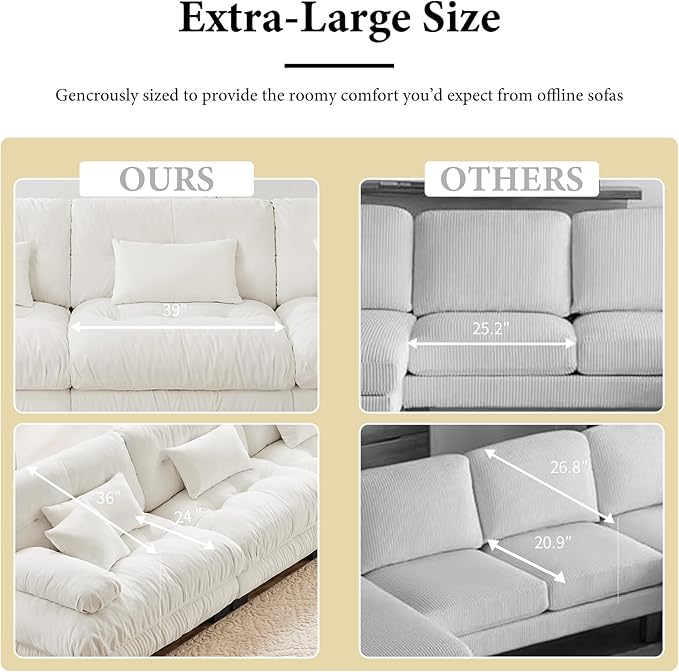 94.4" Loveseat Sofa, 2 Seater Modular Sectional Sofa, White Large L Shaped Sectional Fluffy Couch, Chenille Cloud Couch with Ottoman, Deep Seat Sofas for Living Home
