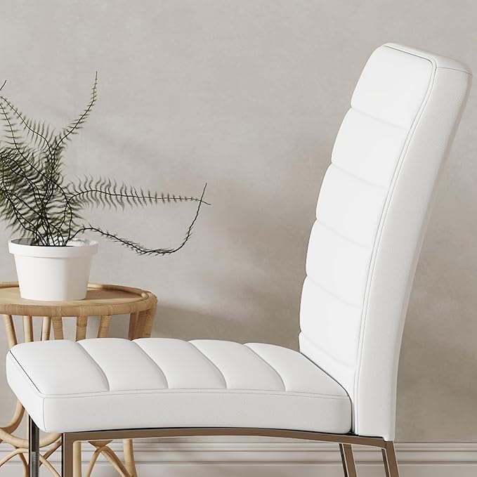 Modern Dining Chairs Set of 4, White Faux Leather Kitchen Chairs, Upholstered Armless Dining Room Chair with Gold Mental Legs Heavy Duty, Comfortable (White Chairs, Set of 6)