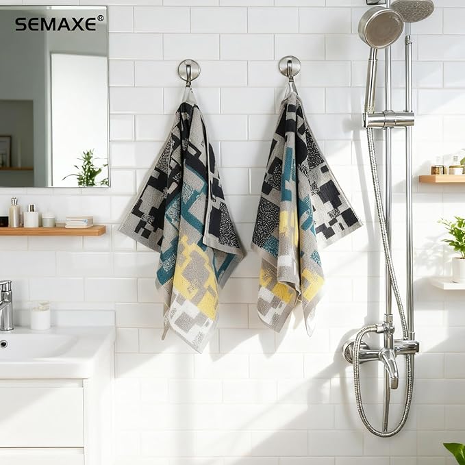 SEMAXE 12 Pack Hand Towels for Bathroom, 100% Cotton Towels with Hanging Loops, Soft & Highly Absorbent, Hand Towel Set for Gym, Shower, Hotel, Spa and Kitchen, Colorful - Checkered