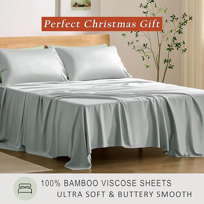 TOSMO Luxury Cooling Sheet Set - 100% Viscose from Bamboo, 4-Piece Bedding Set (Queen Size) - 18” Extra Deep Pockets, Oeko-Tex Certified, Silky Soft and Breathable, Sliver