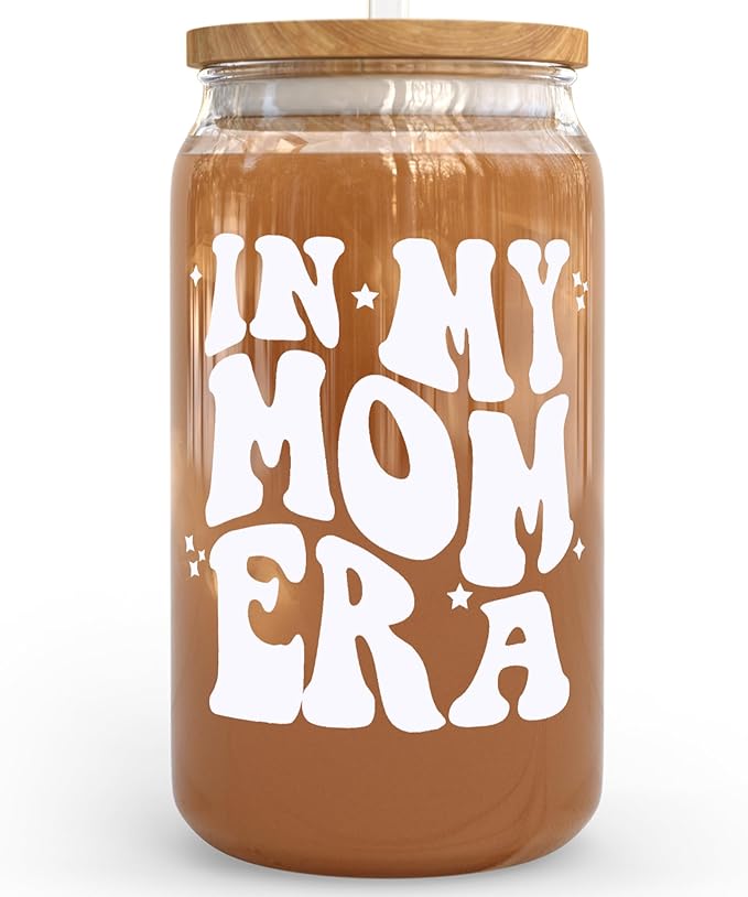 KLUBI In My Mom Era Cup 16 Ounce Mug - Gifts for New Mom Glass Jar with Straw Cups Birthday Gifts for Mother Birthday Gift for New Mothers Presents for Mama Gift
