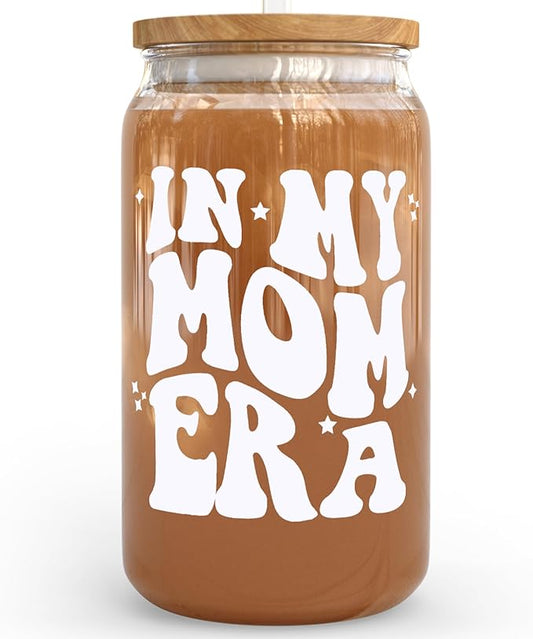 KLUBI In My Mom Era Cup 16 Ounce Mug - Gifts for New Mom Glass Jar with Straw Cups Birthday Gifts for Mother Birthday Gift for New Mothers Presents for Mama Gift