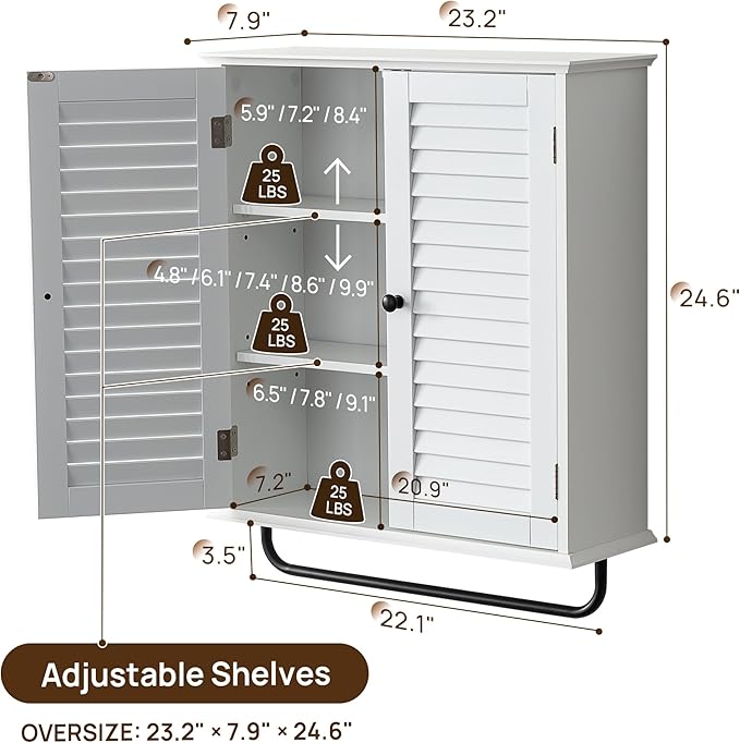 Bathroom Storage Cabinet with Adjustable Wood Shelves & Doors, Made of PDF Wood, Wall Mounted with Towels Bar, Over The Toilet Storage Cabinet for Kitchen & Living Room & Laundry Room-White