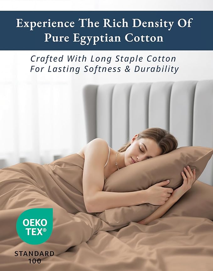 100% Egyptian Cotton Sheet Set Queen Size – Silky Sateen Weave Queen Sheet Set for Winter Sleep Comfort, 15" Snug Fit Deep Pocket, Breathable & Durable, Hotel-Quality Soft Luxury You Can Feel - Taupe