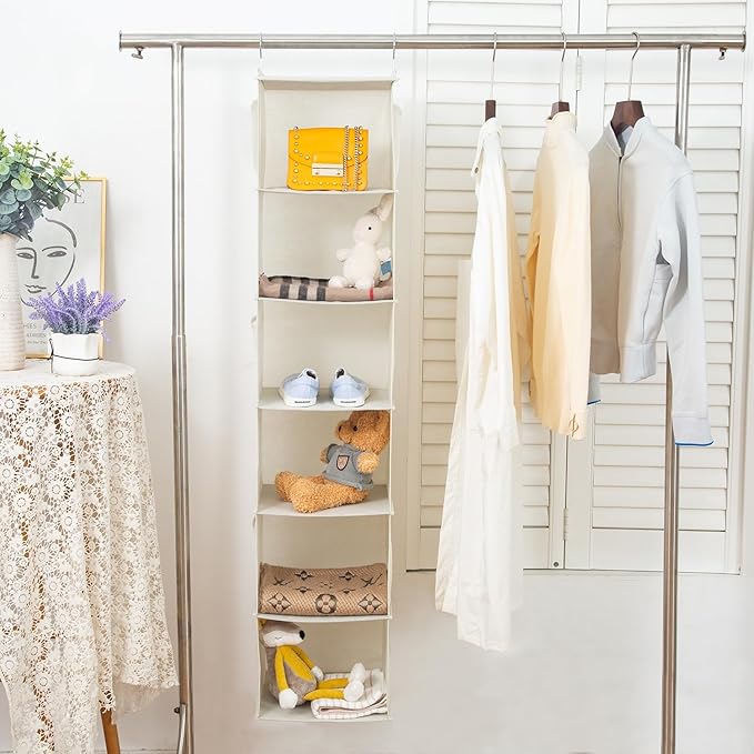 6 Shelves Hanging Closet Organizer, 2 Pack Hanging Storage with 4 Side Pockets for Clothes Shoes, 43.5"x12"x12"(Beige)
