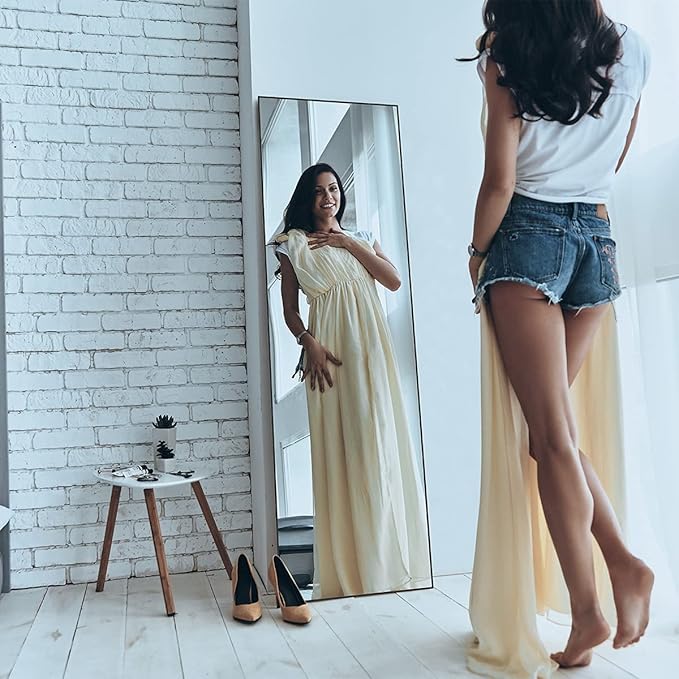 ANYHI Large Full Length Mirror, 60" x 18" Door Mirror Full Length, 2 Hooks, Over The Door or Wall Monuted, Aluminum Frame, for Bedroom Bathroom Checkroom, Black