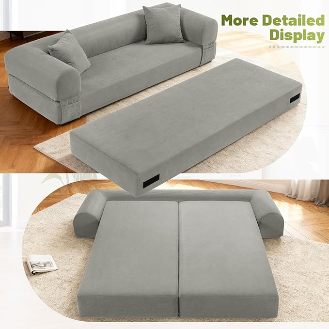 Convertible Folding Sofa Bed,80" Pull Out Couch with Pillows & Storage Pocket,Modular Futon Bed Corduroy Queen Sleeper Sofa in a Box,Compression Boneless Couch for Living Room,Light Gray