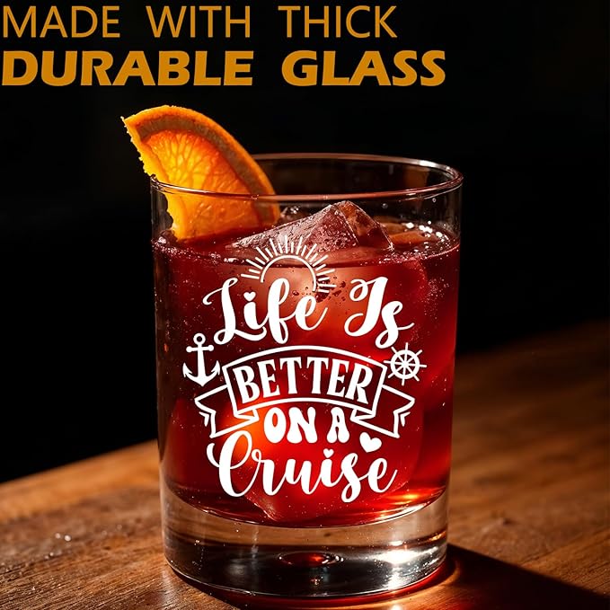 Cruise Cruising Lovers Gifts Old Fashioned Whiskey Glasses, Nautical Gifts for Sailor, Life is Better On a Cruise 10 oz Rocks Barware Cup for Cocktail Drinks Scotch Bourbon Liquor