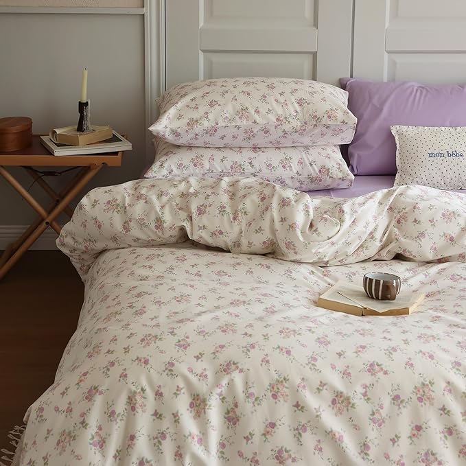 EAVD Girls Pink Purple Floral Comforter Set Twin XL Soft Microfiber Chic Shabby Garden Floral Bedding Set with 2 Pillowcases Fresh Cute Botanical Comforter Set for All-Season