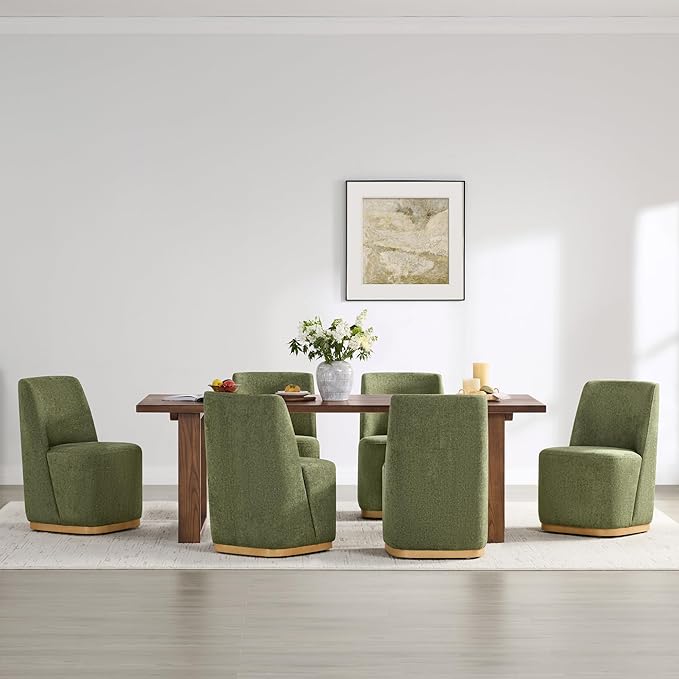 CHITA Upholstered Rolling Dining Chair on Casters Set of 4, FSC Certified Modern Fabric Dining Chair with Casters, Boucle Dining Chairs for Reading Room Kitchen Dining Room, Moss Green