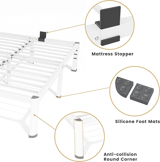 18 Inch King Size Metal Bed Frame with Round Corners, Storage Space Under High Bed Frame-Heavy Duty Steel Slats Support, Noise Free - Easy Assembly - No Box Spring Needed,White