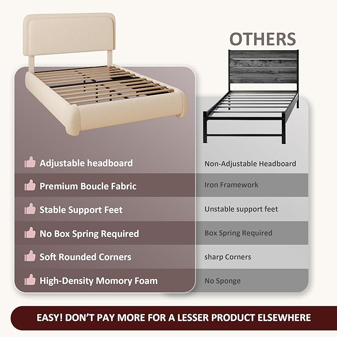 Queen Boucle Platform Bed Frame with Height Adjustable Headboard, Modern Upholstered Cloud Bed, Sleek Curved Design, No Box Spring Needed, Noise Free, Easy Assembly, Beige