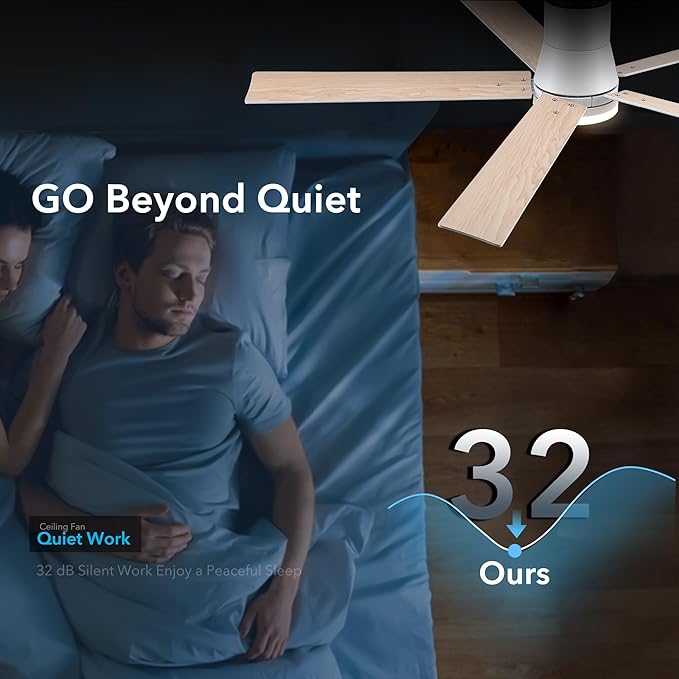 Rayqueen 60 Inch Ceiling Fans with Lights and Remote,Flush Mount White Ceiling Fan, 6 Speed Reversible DC Motor, 3CCT Dimmable LED-Low Profile Design for Bedroom, Living room & Covered Outdoor