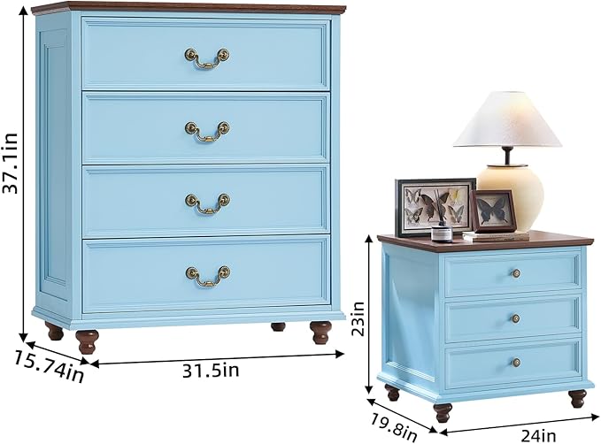 24" Wide Farmhouse Nightstand Set of 2, 54" 7 Drawers Dresser, 37" Tall Rustic Chests of Drawers w/ 4 Solid Wood Feet, Farmhouse Furniture Series for Living Room,Bedroom,LightBlue