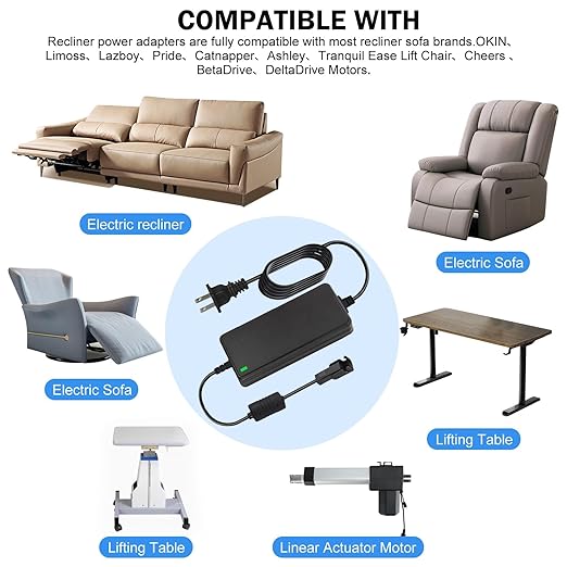 Universal Recliner Power Supply - AC/DC Switching Adapter, 2-Pin 29V 2A Compatible for Sofa or Lift Chair