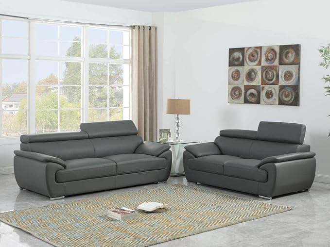 Blackjack Furniture 4571 Veal Collection Modern Genuine Leather Loveseat with Adjustable Headrest, Sturdy Wood Frame and Stainless Steel Legs, Stylish Living Room Love Seat, Gray