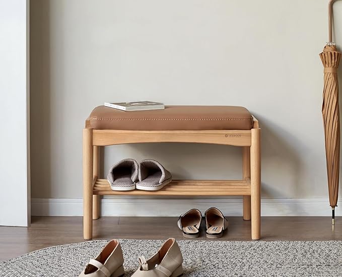 Solid Wood Shoe Bench Assembled, Shoe Rack Bench with Silicone Leather Cushion for Entryway, Living Room, Bedroom, Hallway, 11.8" x 31.5" x 16.5", Natural & Brown