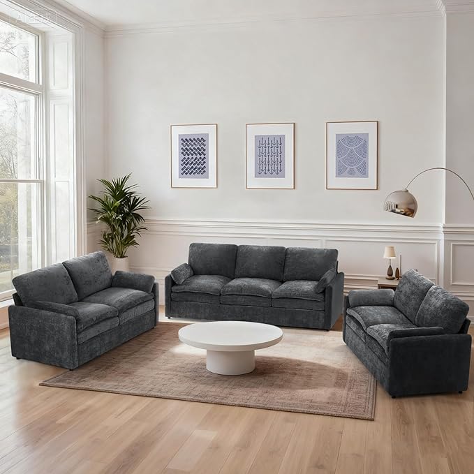 3 Pieces Chenille Sofa Set w/Arm Pillows, Upholstered 2 Pieces Loveseat & 3 Seater Sofa w/Comfortable Back Cushions, Modern 2-Seat & 3-Seat w/High-Density Foam for Living Room, Grey