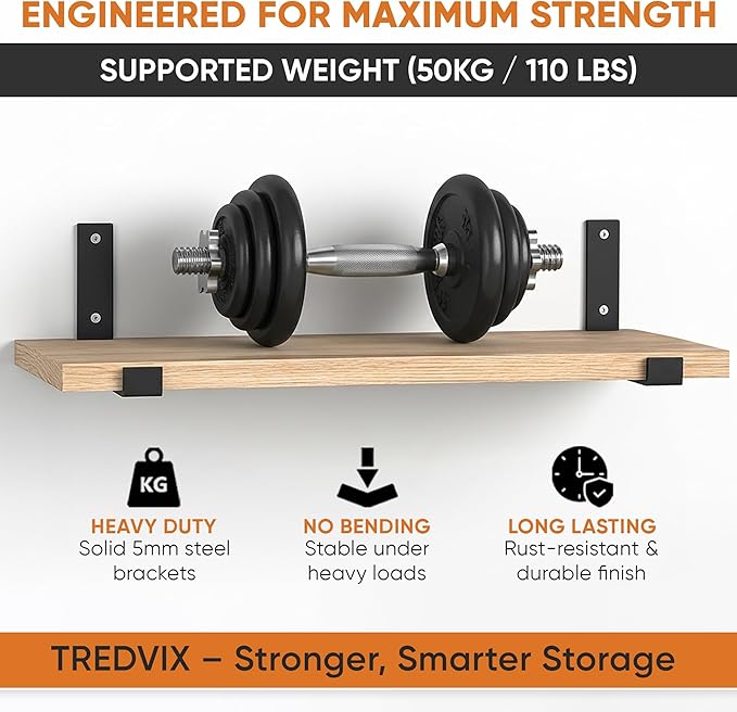 12 Inch Heavy Duty Wall Shelf 0,2" Thick, Black Shelf Bracket, Wall Brackets for Shelves + Built-in Level & 2 Magnetic Hooks, Matte Black Powder-Coated Carbon Steel, Metal Garage Shelves Wall Mounted