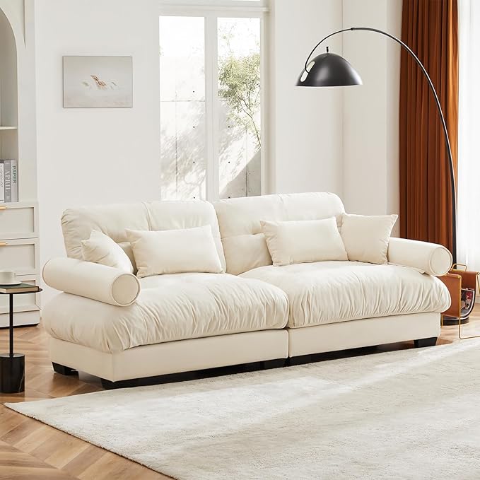 93.7” Loveseat Sofa, 2 Seater Modular Sectional Sofa, Beige White Large Sectional Couches for Living Room, Fluffy Couch Set, Love Seat, Velvet Cloud Couch with 4 Pillows, Deep Seat for Living Room
