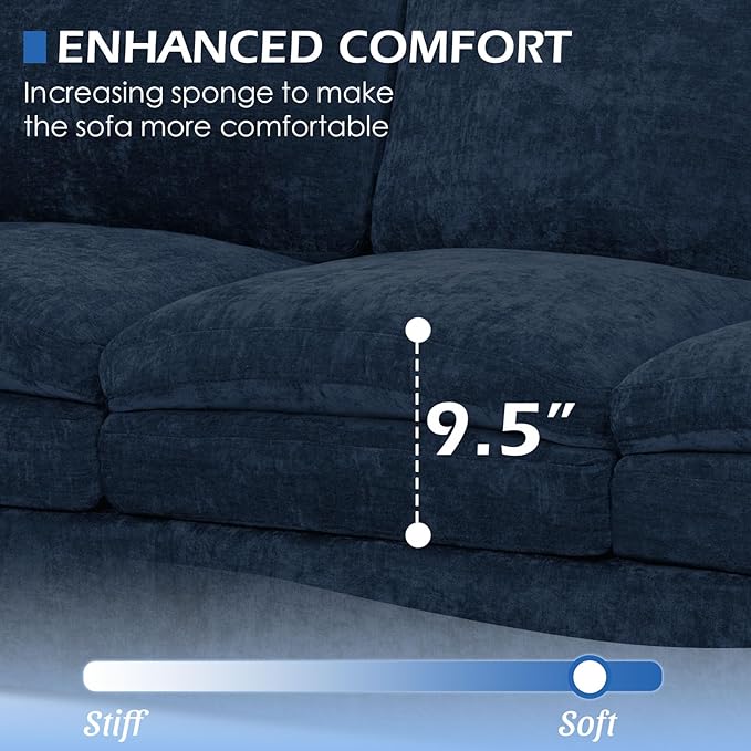 89” Chenille Sofa w/Arm Pillows, Upholstered 3-Seater Sofa w/Comfortable Back Cushions, Modern 3 Seats Couch w/High-Density Foam for Living Room, Apartment, Office, Blue