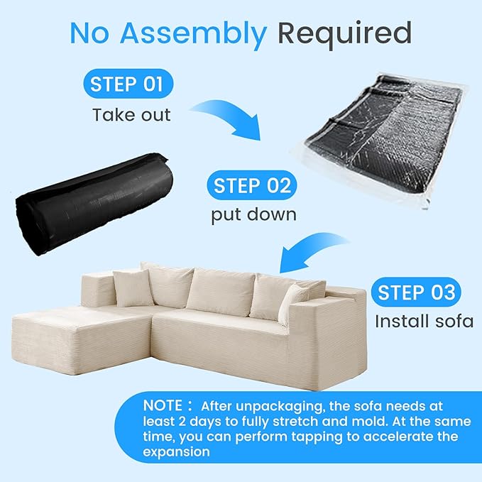 PUREMIND 106" White Cloud Sectional Couch Sectional Couches for Living Room, Corduroy L Shape Sofa with Deep Seat, Modular Boneless Foam Couch Corner Couches No Assembly Required