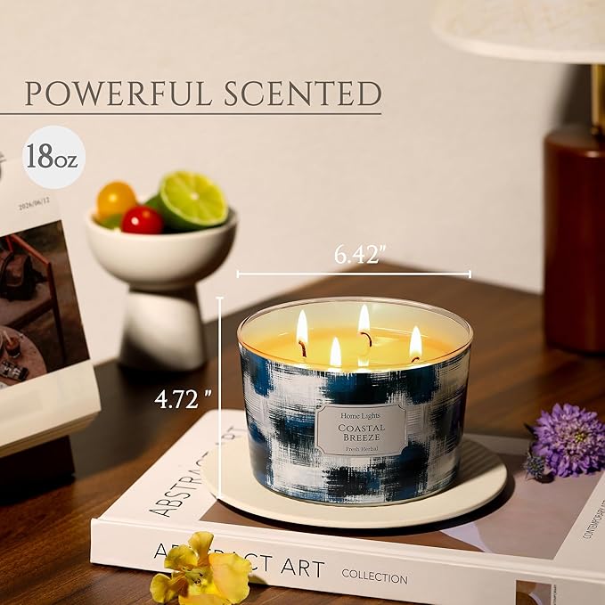 HomeLights Large jar Candle | 4-Wick Long-Lasting Scented Candles, 18oz Natural Soy Wax Candle for Home Scented, Scandinavian Minimalist Design Gifts for Women & Men, Coastal Breeze