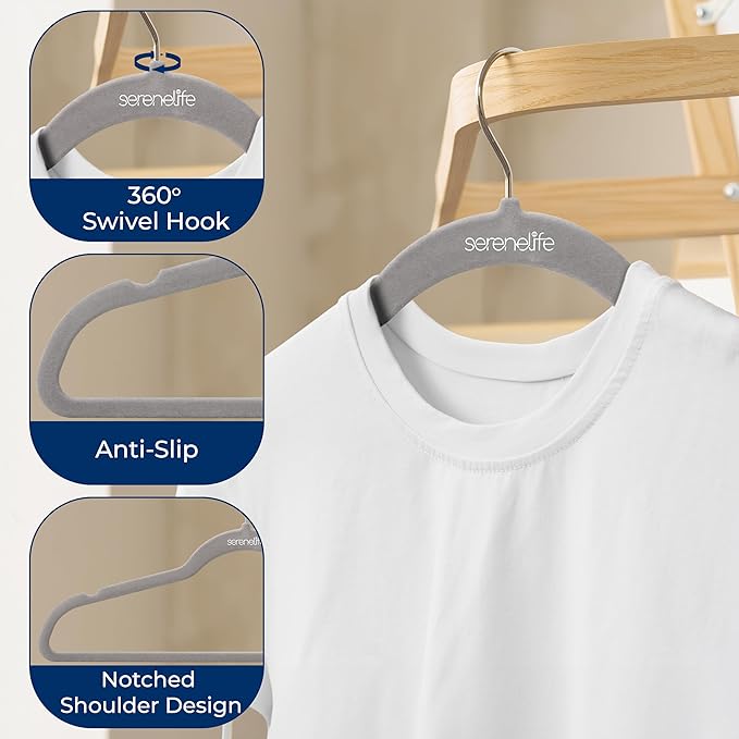 SereneLife 100-Pack Premium Velvet Hangers – Ultra-Thin, Non-Slip & Heavy-Duty Clothes Hangers with 360° Swivel Hooks – Space-Saving Velvet Coat Hanger Set for Shirts, Suits, Dresses & Jackets (Gray)