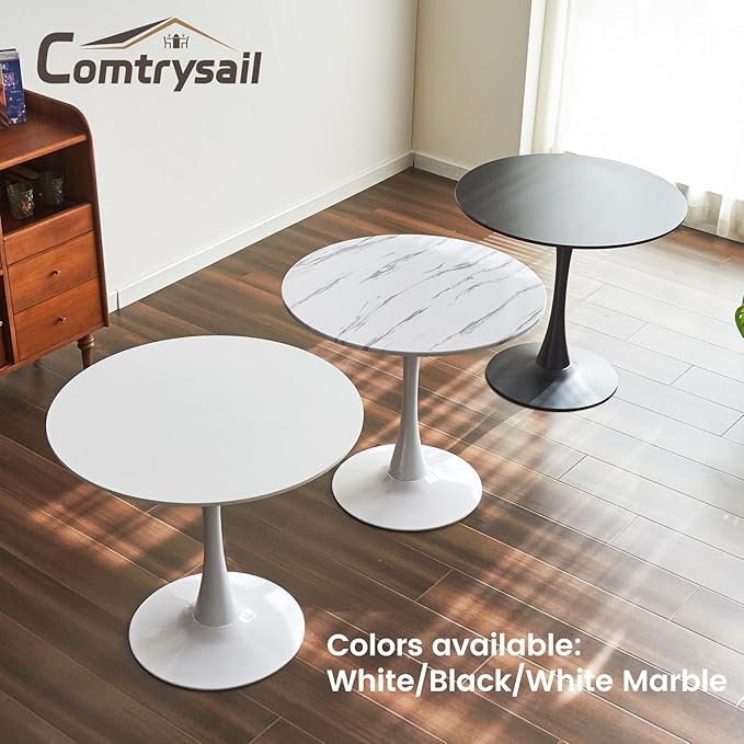 Round Dining Tulip Table for 2, Mid-Century Modern Table with Sturdy Metal Pedestal for Kitchen, Bistro, Cafe, Leisure (White, 24 INCH)