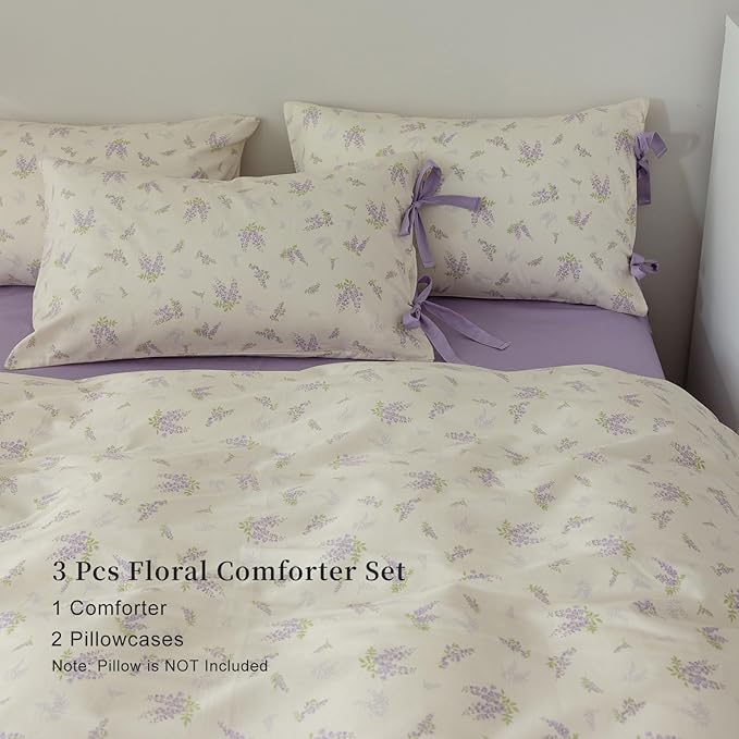 EAVD Garden Botanical Floral Comforter Set Twin XL White Fluffy Microfiber Chic Shabby Purple Floral Bedding Set 1 Twin XL Bed Comforter and 2 Pillowcases Fresh Botanical Comforter Set for All-Season