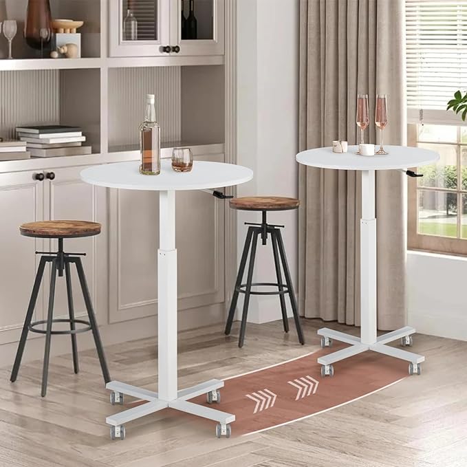 Round Bar Table, Adjustable Height and Rolling Small Dining Table, Dual-Use Cocktail Table with Removable Casters for Bar, Bistro, Café,White